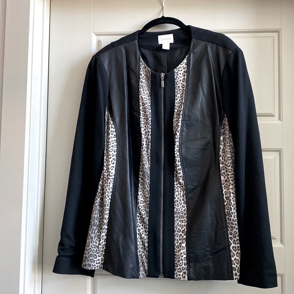 Chico's XL / SZ 3 Black Jacket with Leopard Print Panels Faux Leather BIKER VIBE